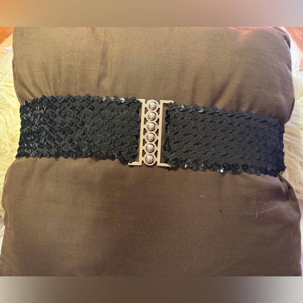 Black Sequin Belt with Silver Accents